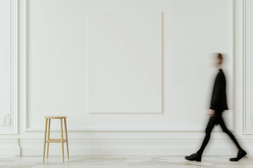 Person walking in modern interior with blank canvas. Man in black suit walking past white wall with empty frame and wooden stool. Blurred figure in contemporary art gallery