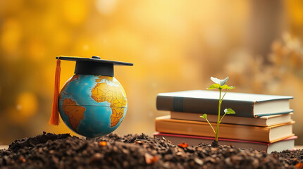 Eco education concept, sustainable learning for a greener planet, earth model with graduation cap, plant growth, environmental education,