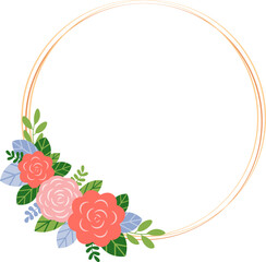 Floral wreath frame for Easter Wedding Holidays Valentines Birthday greeting card invitations. Elegant round frame with red rose flowes.
