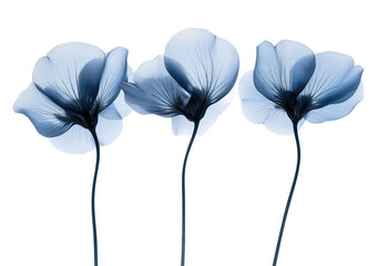 Three delicate blue flowers with translucent petals against a white background.