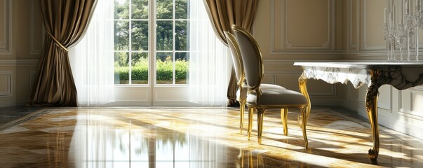 Luxurious sunlit room with elegant decor and marble flooring