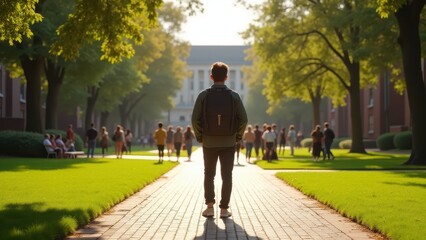 Obraz premium University Open Days, A student stands in a vibrant university quad under midday sunlight front view with hyper-realistic textures.