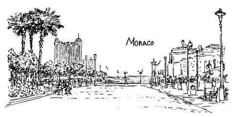 Fototapeta premium monaco boulevard with palm trees vintage engraving style doodle sketch vector