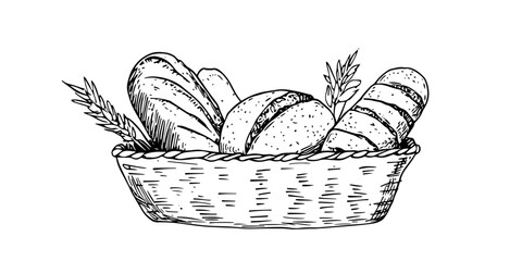  basket of assorted bread loaves vintage engraving style doodle sketch vector
