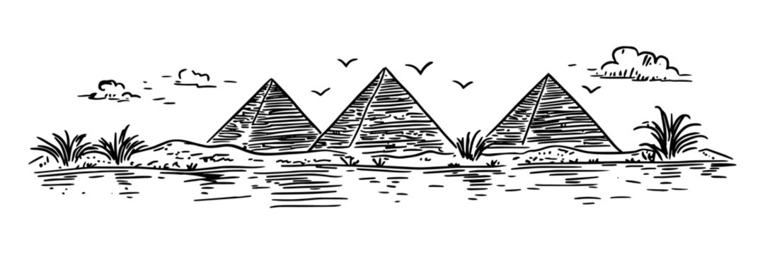 recommend clip art: egyptian pyramids with desert landscape vintage engraving style doodle sketch vector