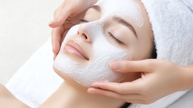 Woman with eyes closed receiving a facial mask application.