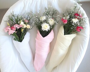 White chair surrounded by three vibrant bouquets of flowers