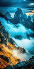 Mountain Majesty: Majestic mountain peaks pierce through swirling clouds and mist, illuminated by the soft glow of sunrise or sunset, creating a scene of awe-inspiring beauty and tranquility.