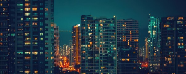 Nighttime urban skyline with lit high-rise buildings and city lights in vibrant colors
