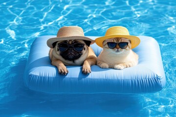 Pug and cat wearing sunglasses, straw hats, floating on a blue raft in a pool, enjoying summer vacation together.