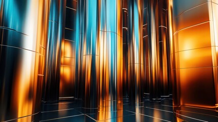 an abstract image of a city at night, metallic polished surfaces, pure gold pillars, clean background