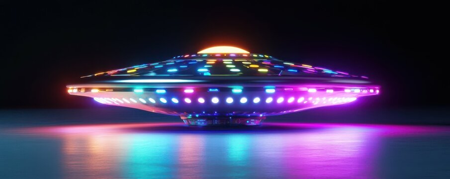 Colorful futuristic ufo with vibrant lights hovering over water at night