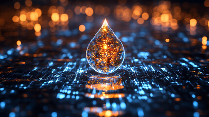 Digital water glowing bright tone droplet icon with binary code symbolizes sustainable water resource management, AI-driven hydrology modeling, and environmental monitoring analysis in modern technolo