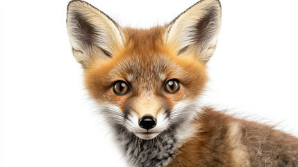 A playful fox cub with slightly ruffled fur, standing on a clean white background