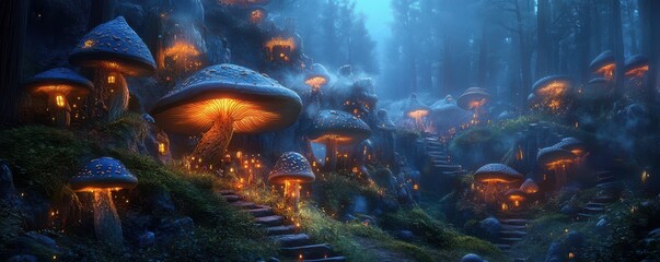 Fototapeta premium Enchanted forest with glowing mushrooms and misty pathways at twilight