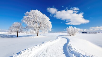 Obraz premium Snowy winter landscape, pathway, trees, bright sky. Possible use nature scene, holiday card