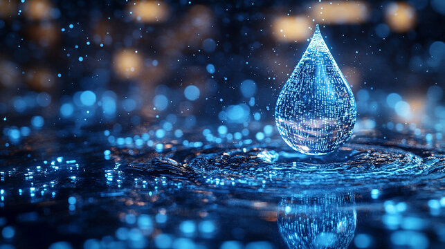 Digital water glowing bright tone droplet icon with binary code symbolizes sustainable water resource management, AI-driven hydrology modeling, and environmental monitoring analysis in modern technolo