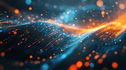 Bokeh photo of abstract blue background with orange acccents technology