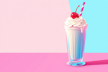 Stylized milkshake with whipped cream and cherry against a colorful pink and blue background.