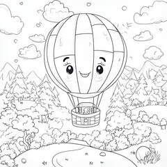 Obraz premium Joyful Hot Air Balloon Adventure: A delightful and enchanting drawing of a hot air balloon with a cheerful face, floating among the clouds with a joyful rider. Ideal for kids' books