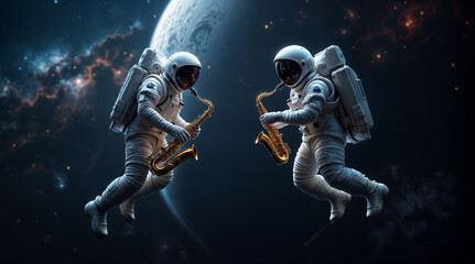 two astronauts in space, each playing a saxophone, with a large planet and starry background.