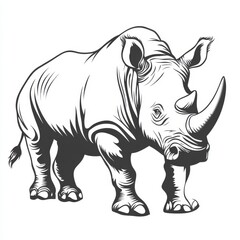 Fototapeta premium Majestic Rhino Artwork: A comprehensive pencil rendering of a rhinoceros, displaying its imposing presence and intricate details, standing proudly in the grass