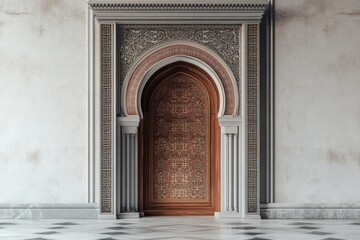 A beautifully decorated ornate archway with a grand wooden door