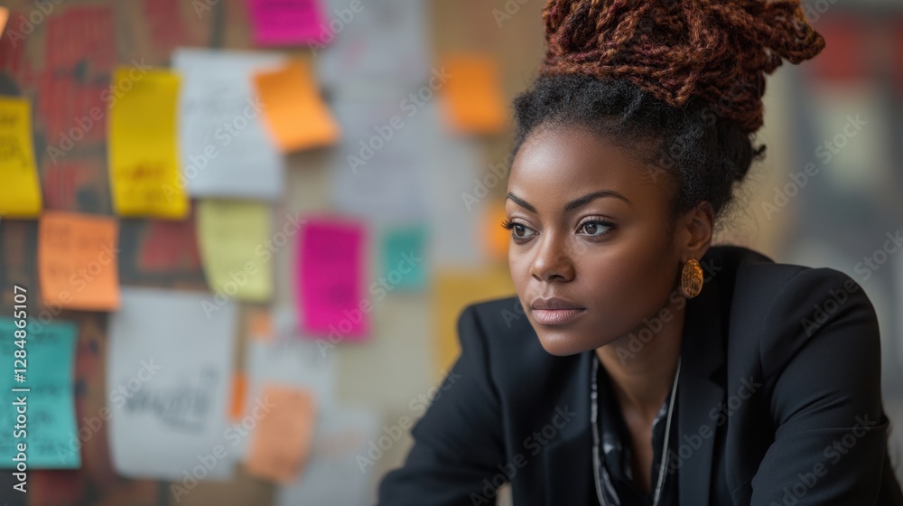 Aufkleber Determined businesswoman analyzing charts and graphs in a modern office setting during the day