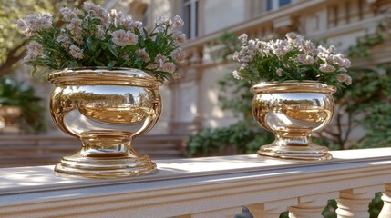 Gold urns with flowers on a balustrade, luxury mansion background