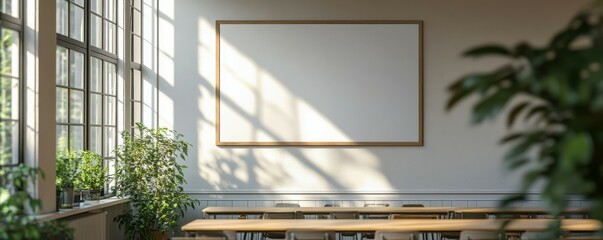 Sunlit classroom with blank chalkboard and green plants by window