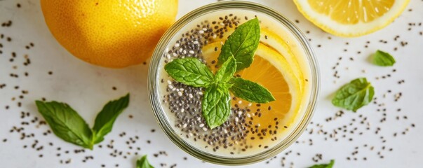 Refreshing lemon chia drink with mint and fresh lemon slices on white surface