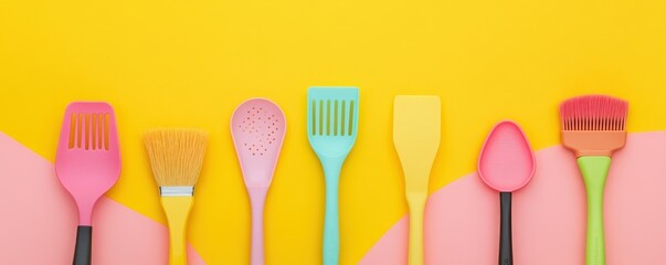 Colorful kitchen utensils arranged neatly on vibrant yellow and pink background
