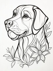 Fototapeta premium Whimsical Canine: Detailed line drawing of a Labrador Retriever joyfully gripping a patterned ball, framed by vibrant floral elements, ideal for coloring books and pet-themed designs.