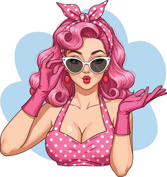 A Close up of Sexy Pin-up Girl with 1960s Retro Style in White Clear Background Isolated