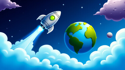 cartoon blasts off toward a stylized earth in a vibrant space scene