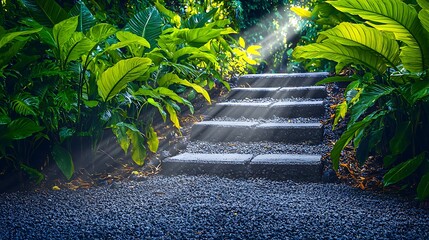 Serene stone pathway leading through lush greenery with sunlight filtering through trees