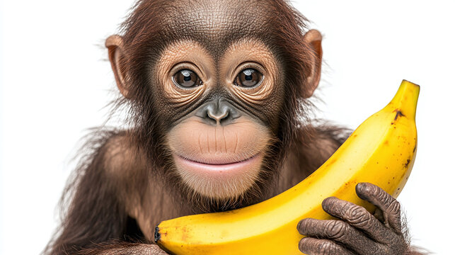 Closeup portrait of an orangutan ape holding a banana isolated on a white background.