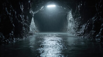 Dark tunnel, raining, reflecting light, eerie atmosphere, photography