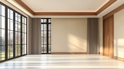 Obraz premium Minimalist Interior Design: A contemporary living room with ample space and a wide view, highlighted by smooth glass sliding doors, warm wooden accents, and gentle sunlight filtering in