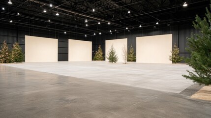 Festive event space, large hall, winter trees, blank backdrops
