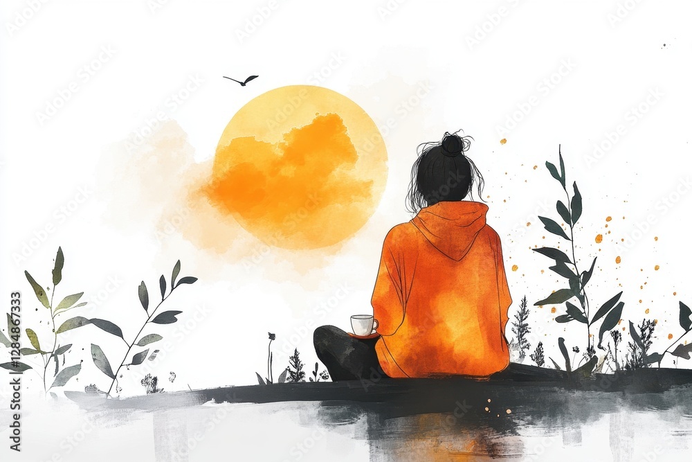 Poster sunset reflection with a person enjoying a warm drink by the serene lakeside with mountains in the b