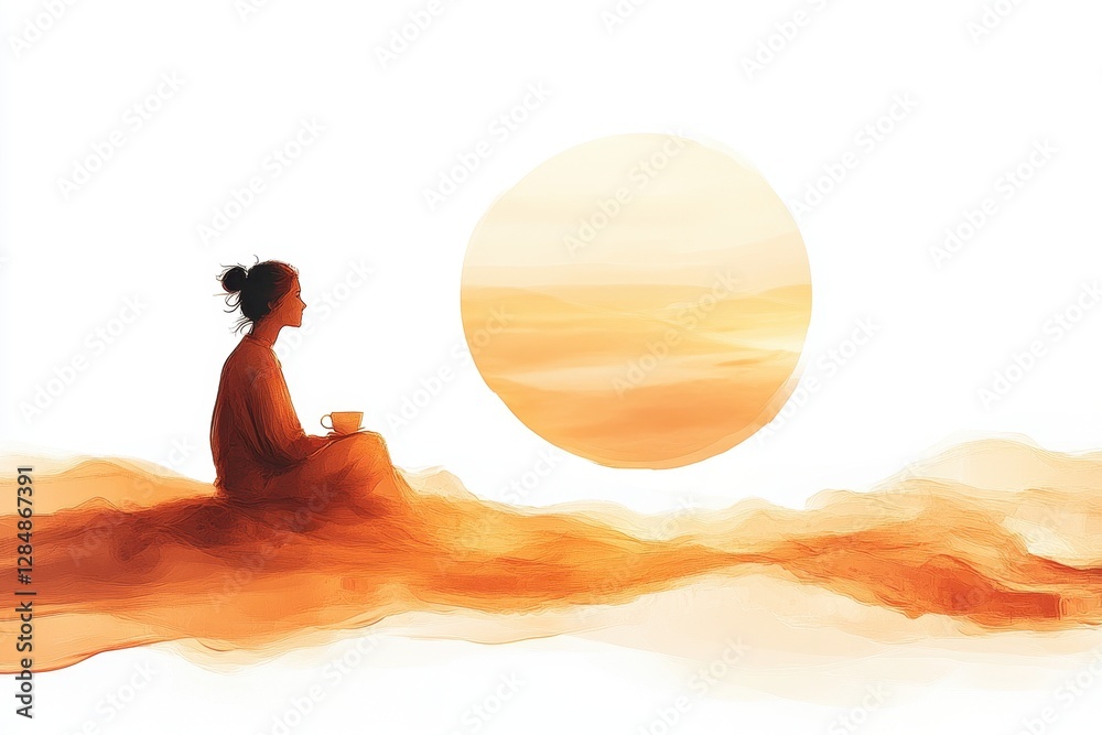 Poster sunset reflection with a person enjoying a warm drink by the serene lakeside with mountains in the b