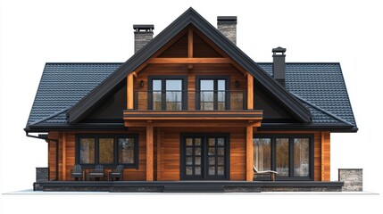 Obraz premium Modern Cabin Facade: A stylish, minimalist cabin design. The home boasts a wooden exterior, large windows, a black roof, and a front door