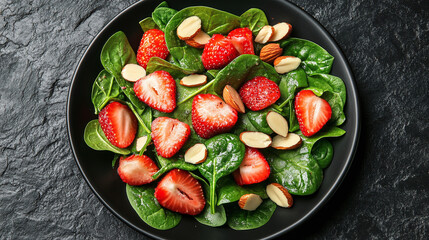 Top down view of a plate with strawberry spinach salad with almonds on a dark black stone texture background with space for text for designer.