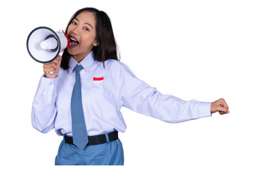 Indonesian Female High School Students in Uniform with Megaphone Isolated Transparent