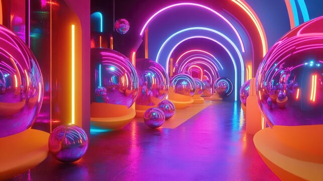 Futuristic spherical objects floating in a vibrant, psychedelic space-scape, pulsating with energetic neon colors. - Powered by Adobe