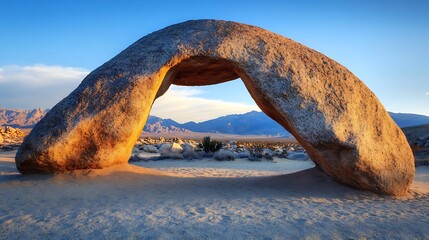 Fototapeta premium Natural desert rock arch formation with warm golden glow