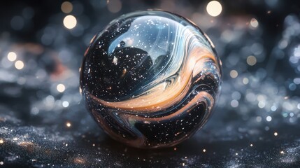 Futuristic universe, black nano fiber planet, marbled orb floating in space,