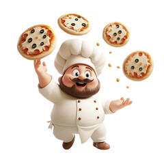 A Jolly 3D Cartoon Chef Tossing Pizza Dough Isolated on Transparent Background