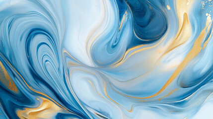 Obraz premium Ethereal fluid art with golden swirls in blue conveys luxury, elegance, and calmness, symbolizing sophistication, creativity, and abstract beauty in modern art